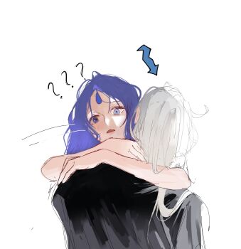 2girls ? ?? absurdres arms_around_neck arrow_(symbol) benghuai_xueyuan black_shirt blue_eyes blue_hair commentary english_commentary forehead_jewel highres honkai_(series) jyahnar_(benghuai_xueyuan) kiana_kaslana multiple_girls queen_yuri.mj shirt white_hair yuri