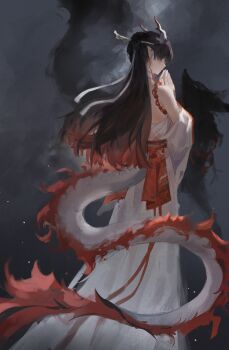 1girl absurdres animal_ears back bare_shoulders black_hair colored_tips commentary dragon_ears dragon_girl dragon_horns dragon_tail dress earrings eastern_dragon_tail elyzerda from_side grey_background highres horns jewelry long_hair multicolored_hair original own_hands_together solo standing tail white_dress white_horns wolf