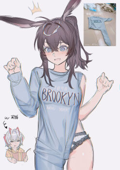 2girls =_= ^^^ absurdres alternate_costume amiya_(arknights) animal_ears antenna_hair arknights asymmetrical_clothes blush box breasts brown_hair cardboard_box carrying chibi chibi_inset clothes_writing commentary_request cowboy_shot embarrassed frilled_panties frills grey_hair grscubes highres horns long_hair long_sleeves looking_down multicolored_hair multiple_girls open_mouth panties photo_inset ponytail rabbit_ears rabbit_girl red_hair shirt short_hair simple_background sketch small_breasts translation_request two-tone_hair underwear w_(arknights) w_arms white_background white_panties yellow_shirt