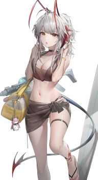 1girl absurdres ahoge antennae arknights bag bikini black_bikini black_choker breasts brown_sarong character_charm charm_(object) choker cleavage commentary feet foot_out_of_frame gamgi grey_hair hands_up highres leg_up medium_breasts medium_hair nail_polish o-ring_bikini_bottom open_mouth ponytail sandals sarong shoulder_bag simple_background solo standing standing_on_one_leg surfboard sweatdrop swimsuit tail theresa_(arknights) thigh_strap toenail_polish toenails w_(arknights) water_gun white_background wis&#039;adel_(arknights) wristband yellow_bag yellow_eyes