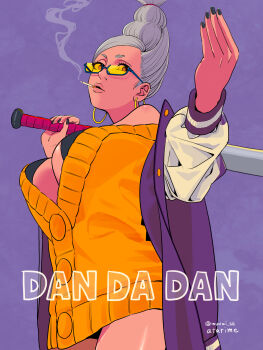1girl absurdres artist_name ayase_seiko baseball_bat breasts brown_eyes cardigan chest_strap cigarette cleavage commentary_request copyright_name criss-cross_halter dandadan earrings glasses grey_hair halterneck highres holding holding_baseball_bat hoop_earrings jacket jewelry large_breasts long_hair looking_at_viewer mature_female mouth_hold multicolored_jacket purple_jacket sickpoly7188 smoke smoke_trail smoking solo twitter_username two-tone_jacket white_jacket yellow_cardigan