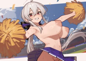 1girl absurdres ahoge armpits blue_sky blush bouncing_breasts breasts cheerleader cloud commentary commission day grey_hair groin hair_between_eyes highres holding holding_pom_poms large_breasts long_hair looking_at_viewer nipples no_panties out-of-frame_censoring outdoors outstretched_arms pixiv_commission pom_pom_(cheerleading) pom_poms ponytail purple_skirt red_eyes skirt sky solo stadium sweat symbol-only_commentary topless_female very_sweaty vocaloid wepwawet yowane_haku