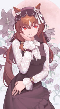Rule 34 | 1girl, animal ears, black dress, black veil, bow, brown hair, commentary request, dress, gasatsuneo, hair between eyes, hand on own face, highres, horse, horse ears, horse girl, kamchatka lily, long hair, looking to the side, parted lips, red eyes, shirt, sidelocks, smile, solo, still in love (umamusume), umamusume, veil, white bow, white shirt