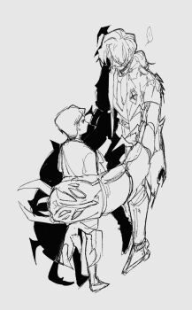 ... 2boys absurdres aedd_(e.g.o) aged_down alternate_costume arthropod_limbs beard_stubble belt buckle bug bug_arm child closed_mouth coat dress_shirt e.g.o_(project_moon) extra_eyes facial_hair formal_clothes full_body glasses gregor_(project_moon) grey_background greyscale grin hair_between_eyes hair_intakes hair_slicked_back hand_on_another's_arm highres horns lapels limbus_company long_coat long_hair long_sleeves looking_at_another looking_down looking_up low_ponytail male_focus mechanical_eyes meursault_(project_moon) monochrome multiple_boys nail_(hardware) nails necktie notched_lapels official_alternate_costume open_clothes open_coat pants paramecium_nmi parted_bangs parted_lips ponytail project_moon prosthesis prosthetic_leg shadow shirt shock_centipede_(project_moon) short_hair simple_background single_mechanical_eye sketch sleeves_rolled_up smile speech_bubble spikes spoken_ellipsis standing stubble suit teeth torn_clothes vest