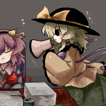 2girls :o black_eyes black_hairband black_hat blue_shirt bow can commentary_request desk drink_can drooling frilled_shirt_collar frills green_hair green_skirt hair_ornament hairband hat hat_bow heart heart_hair_ornament heripantomorrow holding holding_megaphone komeiji_koishi komeiji_satori medium_hair megaphone monster_energy multiple_girls open_mouth paper_stack pen pink_hair saliva shirt sitting skirt sleeping squeans third_eye touhou wide_sleeves yellow_bow yellow_shirt