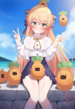 1girl alternate_costume alternate_hairstyle bell black_bow black_skirt blonde_hair blue_sky blush bow bowtie breasts center_frills closed_mouth commentary_request crossed_bangs day double_v flying frilled_shirt frills gradient_hair green_eyes hair_between_eyes hair_bow highres hololive jingle_bell long_hair long_sleeves looking_at_viewer medium_breasts momosuzu_nene multicolored_hair nail_polish neck_bell nekko_(momosuzu_nene) on_lap orange_bow orange_bowtie orange_nails outdoors peach_ornament pink_hair pleated_skirt shirt shirt_tucked_in sidelocks sitting skirt sky smile socks suicabar72 thighhighs twitter_username v virtual_youtuber watermark white_shirt white_socks white_thighhighs