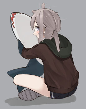 1girl absurdres ahoge crossed_legs facing_away girls&#039;_frontline highres holding hood ikea_shark jacket m200_(girls&#039;_frontline) open_mouth pepsi2330 ponytail shoes sitting skirt stuffed_animal stuffed_shark stuffed_toy