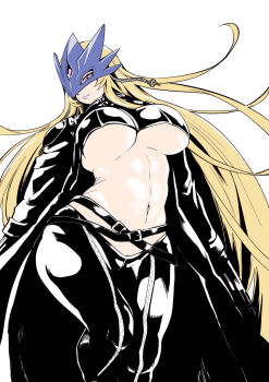 1girl absurdres beelstarmon belt black_coat blonde_hair blue_mask breasts coat comic_hand cropped_vest curvy digimon digimon_(creature) eye_mask gun highres holding holding_gun holding_weapon jacket large_breasts leather leather_jacket leather_pants long_hair mask multiple_belts navel open_clothes open_coat pants pink_eyes purple_lips shiny_skin simple_background solo stomach third_eye tight_clothes tight_pants underboob very_long_hair vest weapon white_background wide_hips