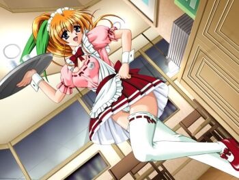 breasts character_request cleavage orange_hair panties ponytail smile tottemo_pheromone tray underwear waitress