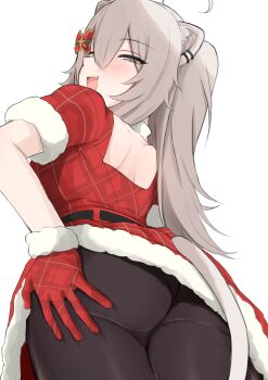 1girl :d absurdres ahoge animal_ear_piercing animal_ears ass black_pantyhose clothes_lift commentary_request double-parted_bangs dress dress_lift fang fur-trimmed_dress fur-trimmed_gloves fur_trim gloves grey_eyes grey_hair hair_between_eyes highres hololive lion_ears lion_girl lion_tail long_hair looking_at_viewer looking_back maramuya open_mouth pantyhose red_dress red_gloves santa_costume santa_dress shishiro_botan short_sleeves simple_background smile solo tail two_side_up virtual_youtuber white_background