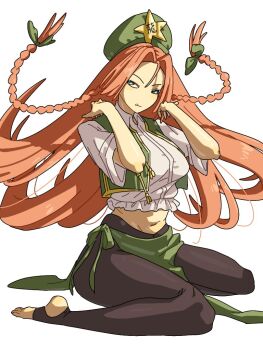 1girl black_leggings bow braid chinese_clothes fang feet green_eyes green_hat green_vest hair_bow hat hat_ornament hong_meiling leggings long_hair looking_to_the_side mozupoko multiple_hair_bows navel pelvic_curtain red_hair sitting solo star_(symbol) star_hat_ornament stirrup_legwear toeless_legwear touhou twin_braids vest wariza white_background