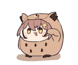 :d alternate_costume anco_(platanity) animal_costume animal_ear_fluff animal_ears animated arm_up bird black_hair blush brown_hair chibi hair_ornament hairclip holocouncil hololive hololive_english hootsie_(nanashi_mumei) looping_animation maneki-neko mascot merchandise multicolored_hair nanashi_mumei open_mouth owl sidelocks simple_background smile tagme video virtual_youtuber white_background white_hair yellow_eyes