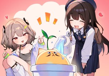 2girls artist_self-insert backpack bad_source bag bare_shoulders brown_hair camisole cat choker closed_eyes dress flat_chest gradient_hair grey_hair hat heart henreader long_hair multicolored_hair multiple_girls open_mouth orange_eyes original school_uniform smile socks sprout water watering watering_can