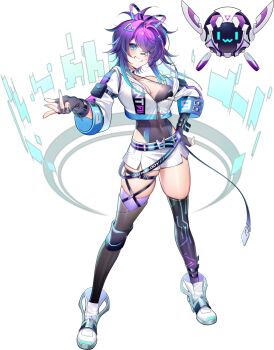 1girl aqua_eyes aqua_hair aqua_nails ark_re:code artist_request asymmetrical_legwear belt black_gloves black_leotard blush boots breasts character_name clothes_writing colored_tips cropped_jacket eyelashes fingerless_gloves fingernails full_body game_cg gloves hair_intakes hair_ornament hairclip hand_on_own_hip highres jacket leotard leotard_under_clothes long_sleeves melody_(projektmelody) melody_(projektmelody)_(4th_costume) mismatched_legwear multicolored_hair nail_polish non-humanoid_robot official_art partially_unzipped purple_hair robot short_shorts shorts smile standing t0m_(projektmelody) teeth thighs third-party_source transparent_background virtual_youtuber vshojo white_boots white_jacket white_shorts