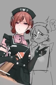 2girls absurdres assisted_facial black_gloves censored cum ejaculation fukumaru_koito genesis_r18 gloves handjob hat highres higuchi_madoka idolmaster idolmaster_shiny_colors japanese_text multiple_girls nurse nurse_cap penis red_eyes red_hair shaded_face translation_request