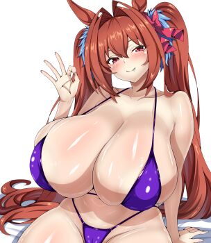 1girl a-sui absurdres alternate_breast_size_(larger) animal_ears bikini blush breasts brown_hair cameltoe cleavage closed_mouth collarbone commentary_request cowboy_shot daiwa_scarlet_(umamusume) fang fang_out gigantic_breasts hair_between_eyes hair_intakes hand_up highres horse_ears horse_girl horse_tail long_hair looking_at_viewer ok_sign purple_bikini red_eyes simple_background smile solo swimsuit tail twintails umamusume white_background
