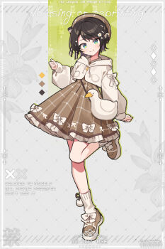 1girl absurdres alternate_costume animal_bag arm_at_side beret bird bow bow_skirt brown_hair brown_hat brown_skirt clenched_hands commentary_request cropped_hoodie duck english_text full_body green_background green_eyes green_shoes grey_background hat highres hololive hood hoodie looking_at_viewer oozora_subaru plaid_clothes plaid_skirt pom_pom_(clothes) shoes skirt smile sneakers socks solo standing standing_on_one_leg two-tone_background virtual_youtuber waka_(wk4444) watermark white_bow white_hoodie white_socks