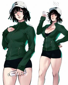 Rule 34 | 1girl, alternate costume, black hair, blunt bangs, bob cut, bottle, breasts, cleavage, collarbone, dual persona, fubuki (one-punch man), green eyes, green jacket, gym shorts, highres, jacket, large breasts, lips, long sleeves, looking at viewer, miss faves, one-punch man, short hair, shorts, simple background, thick thighs, thighs, white background