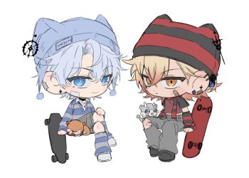 Rule 34 | 2boys, animal ear hood, bandaid, bandaid on face, black hat, black scarf, black shoes, blonde hair, blue eyes, blue hat, blue socks, chibi, chibi only, chimera (honkai: star rail), collared shirt, commentary request, fake animal ears, gradient hair, grey pants, grey shorts, grey socks, gyosutlqkf, hat, highres, honkai: star rail, honkai (series), hood, jacket, korean commentary, loose socks, male focus, multicolored hair, multicolored jacket, multiple boys, mydei (fig stew) (honkai: star rail), mydei (honkai: star rail), pants, parted bangs, phainon (honkai: star rail), phainon (vigethos) (honkai: star rail), red hair, red hat, red scarf, scarf, shirt, shoes, short hair, shorts, socks, striped clothes, striped scarf, striped socks, torn clothes, torn pants, two-tone hat, two-tone jacket, two-tone scarf, two-tone socks, white hair, white shirt, white shoes, yellow eyes