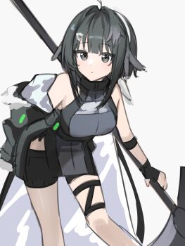 1girl absurdres arknights black_hair black_shorts breasts expressionless grey_background hair_ornament hairband hairclip highres holding holding_scythe la_pluma_(arknights) leaning_forward looking_at_viewer nishimiya_aki off_shoulder scythe short_hair shorts simple_background solo white_hairband