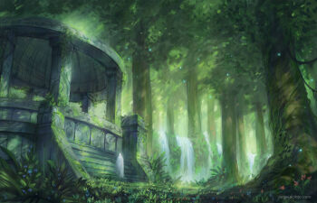 fantasy flower forest grass green_theme jjcanvas landscape leaf light_particles moss nature painterly pavilion plant scenery stairs stone_stairs tree vines warcraft water waterfall watermark web_address world_of_warcraft