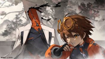 Rule 34 | 1girl, 1other, absurdres, black gloves, black shirt, blurry, blurry background, brown hair, clenched teeth, coat, copyright name, copyright notice, eyewear on head, fingerless gloves, glasses, gloves, group leader (xinyue tongxing), hand up, hat, highres, jacket, logo, official art, official wallpaper, one eye closed, orange eyes, orange jacket, qianqiu (xinyue tongxing), round eyewear, shirt, short hair, smoke, teeth, tree, upper body, white coat, white hat, xinyue tongxing