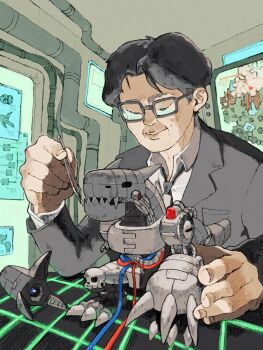 1boy analog_boy02 analogman_(digimon) arm_mounted_weapon digimon digimon_(creature) digimon_world glasses grey_jacket highres jacket long_sleeves mugendramon necktie non-humanoid_robot robot robot_dragon sharp_teeth shirt short_hair shoulder_cannon smile teeth white_shirt