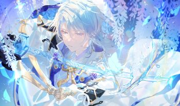 1boy absurdres arm_guards armor artist_name black_gloves blue_hair closed_mouth commentary_request genshin_impact gloves gold_trim hair_between_eyes hair_over_shoulder hands_up highres holding holding_sword holding_weapon hydrokinesis jacket japanese_armor japanese_clothes kamisato_ayato kimono lapels long_sleeves male_focus medium_hair mole mole_under_mouth open_clothes open_jacket parted_bangs petals purple_eyes purple_kimono rope ryo_no_33 shoulder_armor single_sode sode solo sword tassel twitter_username upper_body water watermark weapon white_jacket wide_sleeves