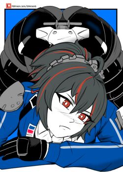 1girl 2024 arktoons ass black_gloves black_hair black_pants blue_background blue_jacket blue_trim blush breasts capelet clothes_writing commentary cropped_jacket english_commentary eyebrows_hidden_by_hair gloves hairdressing handlebar head_tilt high-waist_pants highres holster huge_ass jack-o'_challenge jacket knee_pads long_hair long_sleeves looking_at_viewer meme multicolored_hair outside_border pants police police_uniform policewoman ponytail pout red_eyes red_hair shoes shoulder_holster streaked_hair thick_thighs thighs top-down_bottom-up two-tone_hair zenless_zone_zero zhu_yuan