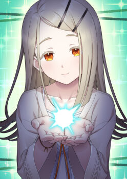 Rule 34 | 1girl, blonde hair, camisole, closed mouth, collarbone, colored eyelashes, commentary request, cupping hands, flipped hair, gakuen idolmaster, glowing, green background, hair ornament, hairclip, hands up, highres, idolmaster, koukei (idolmaster), long hair, looking at viewer, open clothes, open robe, orange eyes, own hands together, parallel hairclips, robe, shinosawa hiro, smile, solo, swept bangs, taba neruko, upper body, white camisole, white robe, wristband