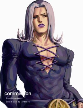 1boy abs belt closed_mouth coat commission cross-laced_clothes grey_hair highres jojo_no_kimyou_na_bouken leone_abbacchio long_hair long_sleeves looking_at_viewer makeup male_focus multicolored_hair muscular muscular_male pectoral_cleavage pectorals plunging_neckline purple_belt purple_coat purple_hair purple_lips santamanymany solo two-tone_hair upper_body vento_aureo white_background yellow_eyes