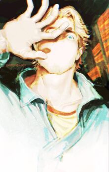 Rule 34 | 1boy, blonde hair, blue eyes, curly (mouthwashing), curly (pre-crash) (mouthwashing), hand up, looking at viewer, male focus, mouthwashing, nanaphawat, one eye covered, overexposure, shadow, shirt, short hair, solo, underlighting, upper body, yellow shirt