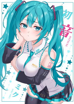 Rule 34 | 1girl, aqua eyes, aqua hair, arm tattoo, arm under breasts, bare shoulders, bent over, between breasts, black skirt, black sleeves, black thighhighs, blush, breasts, detached sleeves, hatsune miku, highres, inue ao, large breasts, long hair, looking at viewer, necktie, necktie between breasts, pleated skirt, shirt, simple background, skirt, solo, tattoo, thighhighs, twintails, vocaloid, white background, white shirt