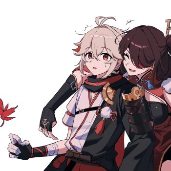 +++ 1boy 1girl :d ^_^ antenna_hair arm_around_neck armor bandaged_arm bandaged_hand bandages beidou_(genshin_impact) black_gloves black_haori black_scarf brown_hair china_dress chinese_clothes closed_eyes commentary crossed_bangs dress earrings elbow_gloves eyepatch fingerless_gloves genshin_impact gloves hair_between_eyes hair_intakes hair_ornament hair_over_one_eye hair_stick hand_up haori highres japanese_armor japanese_clothes jewelry kaedehara_kazuha kimono leaf long_hair long_sleeves looking_at_viewer looking_to_the_side low_ponytail mandarin_collar maple_leaf multicolored_hair one_eye_covered open_mouth parted_bangs pom_pom_(clothes) ponytail red_dress red_eyes red_hair red_scarf scarf short_sleeves shoulder_armor simple_background single_earring single_sode sleeveless sleeveless_dress smile sode streaked_hair surprised sweatdrop symbol-only_commentary tassel tassel_earrings ttuyer0 upper_body white_background white_hair white_kimono