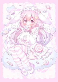 Rule 34 | 1girl, :p, animal ears, blush, border, bow, bowtie, candy, closed mouth, commentary request, detached sleeves, dress, floppy ears, food, frilled thighhighs, frills, full body, hair between eyes, hair ornament, hairband, hanasakichu, heart, heart-shaped food, heart-shaped lollipop, heart hair ornament, highres, holding, holding candy, holding food, holding lollipop, lollipop, long hair, long sleeves, looking at viewer, original, outside border, pink background, pink border, pink bow, pink bowtie, pink eyes, pink hair, pink thighhighs, rabbit ears, rabbit girl, shaped lollipop, shoes, sleeve bow, sleeveless, sleeveless dress, sleeves past fingers, sleeves past wrists, smile, solo, star (symbol), star hair ornament, striped bow, striped bowtie, striped clothes, striped thighhighs, thighhighs, tongue, tongue out, white dress, white hairband, white shoes, white sleeves, wrapped candy