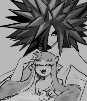 1boy 1girl artist_self-insert bath bathing bathtub earrings greyscale highres inkling inkling_girl inkling_player_character jewelry mixed-sex_bathing monochrome nintendo nude ring rubber_duck shared_bathing splatoon_(series) springblx spyke_(splatoon) tagme tentacle_hair wedding_ring