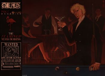 2girls 3boys ball bar_(place) bartender billiard_ball black_dress black_necktie black_suit black_vest blonde_hair bottle cocktail_glass collared_shirt copyright_name cue_stick cup donquixote_doflamingo dress drinking_glass earrings english_text formal_clothes glass high_heels holding holding_bottle indoors jewelry long_hair looking_at_viewer multiple_boys multiple_girls necktie one_piece pool_table samik099 shirt short_hair smile suit sunglasses table vest white_shirt