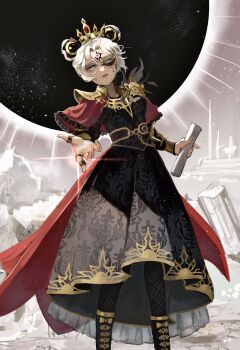 1girl black_boots black_dress black_pantyhose blue_eyes boots cape capelet crown double_bun dress eye_mask feet_out_of_frame fishnet_pantyhose fishnets frilled_capelet frills gold_trim hair_bun half_eye_mask hanaochi_pic head_tilt highres identity_v jewelry looking_at_viewer mask multiple_rings official_alternate_costume pantyhose reaching reaching_towards_viewer red_cape red_capelet ring solo tracy_reznik tracy_reznik_(the_returned) white_hair