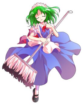 Rule 34 | 1girl, alphes (style), android, apron, black shoes, blue dress, bow, bowtie, commentary request, dairi, dress, frilled sleeves, frills, full body, green hair, holding, large variant set, leg up, maid, maid apron, maid headdress, mary janes, mop, parody, parted bangs, puffy short sleeves, puffy sleeves, red bow, red bowtie, ruukoto, shoes, short hair, short sleeves, socks, solo, style parody, tachi-e, tareme, touhou, touhou (pc-98), transparent background, variant set, waist apron, white apron, white socks