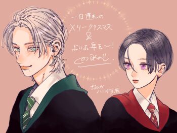 Rule 34 | 1boy, 1girl, androgynous, black hair, black robe, diagonal-striped clothes, diagonal-striped necktie, earrings, green eyes, grey hair, gryffindor, highres, hogwarts school uniform, ichimaru kohaku, jewelry, mika yamamori, mole, mole under mouth, necktie, orange lips, purple eyes, robe, school uniform, short hair, slytherin, striped clothes, takiguchi yoi, translation request, uruwashi no yoi no tsuki, wizarding world