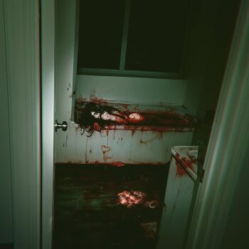 1girl bathtub black_eyes black_hair commentary door english_commentary highres horror_(theme) in_bathtub indoors long_hair looking_at_viewer nude obj_shep original solo wooden_floor