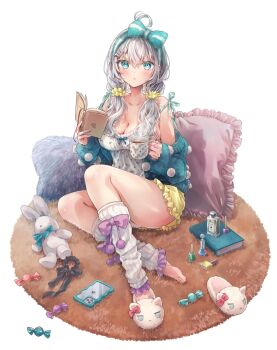 1girl alisa_mikhailovna_kujou aqua_bow bare_shoulders blush book bow breasts camisole candy cellphone cleavage coffee collarbone commentary_request cover cover_page cup food hair_bow highres holding holding_book holding_cup large_breasts long_hair looking_at_viewer manga_cover official_art parted_lips phone pillow single_bare_foot sitting smartphone solo strap_slip tenacitysaho thighs tokidoki_bosotto_roshia-go_de_dereru_tonari_no_alya-san twintails white_camisole