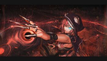 1girl absurdres animal_ears artist_name breasts capelet claw_ring commentary from_above gloves glowing glowing_eye heterochromia highres hololive hololive_english hood hood_up jewelry kokono_ka large_breasts looking_at_viewer multiple_rings open_mouth panther_ears panther_girl raora_panthera red_hair ring sideboob solo virtual_youtuber