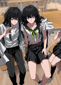 1girl 2boys absurdres aqua_eyes aqua_hair black_hair black_pants black_skirt classroom closed_mouth collarbone crossdressing crossdressing_(mtf) from_above hand_up highres kimetsu_no_yaiba long_hair looking_at_viewer midriff multicolored_hair multiple_boys navel pants shirt sitting skirt tokitou_muichirou tokitou_yuichirou trap two-tone_hair urara0408 very_long_hair white_shirt