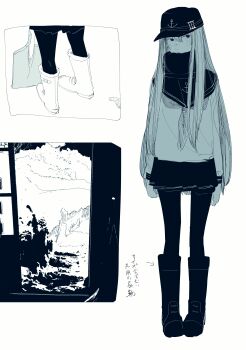 1girl absurdres anchor_symbol boots chitosan closed_mouth commentary_request flat_cap greyscale hair_between_eyes hat hibiki_(kancolle) highres kantai_collection knee_boots long_hair long_sleeves monochrome neckerchief pantyhose pleated_skirt scarf shovel simple_background skirt snow snow_shovel solo standing translation_request very_long_hair