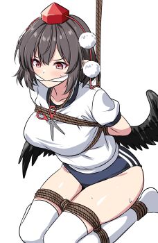 1girl absurdres alternate_costume arms_behind_back bdsm bird_wings black_wings blue_buruma bound bound_arms bound_legs brown_hair buruma cleave_gag cloth_gag collarbone commentary commission gag gagged gym_shirt gym_uniform hat highres improvised_gag medium_hair pom_pom_(clothes) puffy_short_sleeves puffy_sleeves red_eyes red_hat rise_(rise19851203) scissors shameimaru_aya shibari shibari_over_clothes shirt short_sleeves sitting skeb_commission solo sweat thighhighs tokin_hat touhou white_shirt white_thighhighs wings