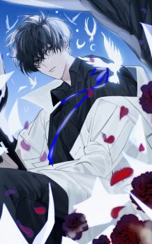 1boy absurdres bird black_hair black_shirt black_wings blue_ribbon coat coat_partially_removed collared_shirt dove falling_petals feathered_wings flower hayu_beck head_tilt highres kim_dokja knees_up looking_at_viewer male_focus omniscient_reader's_viewpoint open_clothes open_coat petals red_flower ribbon shirt short_hair single_off_shoulder solo white_coat wings
