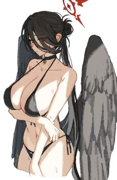 1girl arm_under_breasts bikini black_bikini black_choker black_hair black_wings blue_archive blush breasts choker cleavage closed_mouth commentary_request cowboy_shot cropped_legs feathered_wings hair_between_eyes hair_over_eyes halo hasumi_(blue_archive) hasumi_(swimsuit)_(blue_archive) highres long_hair looking_at_viewer navel nijikun ponytail red_eyes side-tie_bikini_bottom simple_background solo sweat swimsuit very_long_hair white_background wings