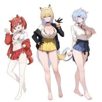 Rule 34 | 3girls, absurdres, animal ear fluff, animal ears, bangle, bare legs, barefoot, bikini, bikini under clothes, black choker, black gloves, black jacket, black ribbon, black sweater, blue eyes, blue hair, blue nails, blue necktie, blue skirt, blush, bracelet, breasts, brown eyes, brown hair, cardigan, cat ears, cat girl, cat tail, choker, closed mouth, clothes around waist, collared shirt, colored inner hair, commentary request, dog ears, dog girl, dog tail, dress shirt, earrings, fangs, feet, full body, gloves, gold bikini, grin, hair between eyes, hair intakes, hair ornament, hair ribbon, half gloves, hand on own hip, hand up, highleg, highleg bikini, highres, jacket, jewelry, large breasts, long hair, long sleeves, looking at viewer, loose necktie, medium breasts, micro bikini, miniskirt, mole, mole under eye, multicolored hair, multiple girls, nail polish, navel, necktie, no shoes, off shoulder, open cardigan, open clothes, open jacket, open mouth, orange eyes, original, pink hair, pleated skirt, puffy long sleeves, puffy sleeves, red cardigan, red skirt, ribbon, school uniform, scrunchie, shirt, short hair, side-tie bikini bottom, simple background, skin fangs, skirt, smile, standing, standing on one leg, starcat, string bikini, sweater, sweater around waist, swimsuit, tail, thighhighs, tied shirt, toenail polish, toenails, toes, twintails, two-tone hair, very long hair, waving, white background, white shirt, white thighhighs, wrist scrunchie, yellow nails, yellow scrunchie, yellow skirt