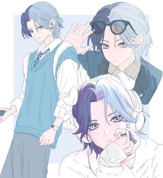 1boy animal_ears aoyagi_touya arm_up bag blue_background blue_eyes blue_hair blue_necktie blue_sweater_vest border clenched_hand closed_mouth collared_shirt commentary curtained_hair dog_ears eyewear_on_head hand_up headphones highres jewelry lapels llli_illli_illl long_sleeves looking_at_viewer male_focus mole mole_under_eye multicolored_hair multicolored_necktie multiple_views necktie notched_lapels official_alternate_hairstyle omoi_wo_nosete!_dream_stage_(project_sekai) outside_border parted_lips project_sekai ring school_uniform shirt split-color_hair sunglasses sweater_vest symbol-only_commentary two-tone_hair watch white_border white_shirt wristwatch